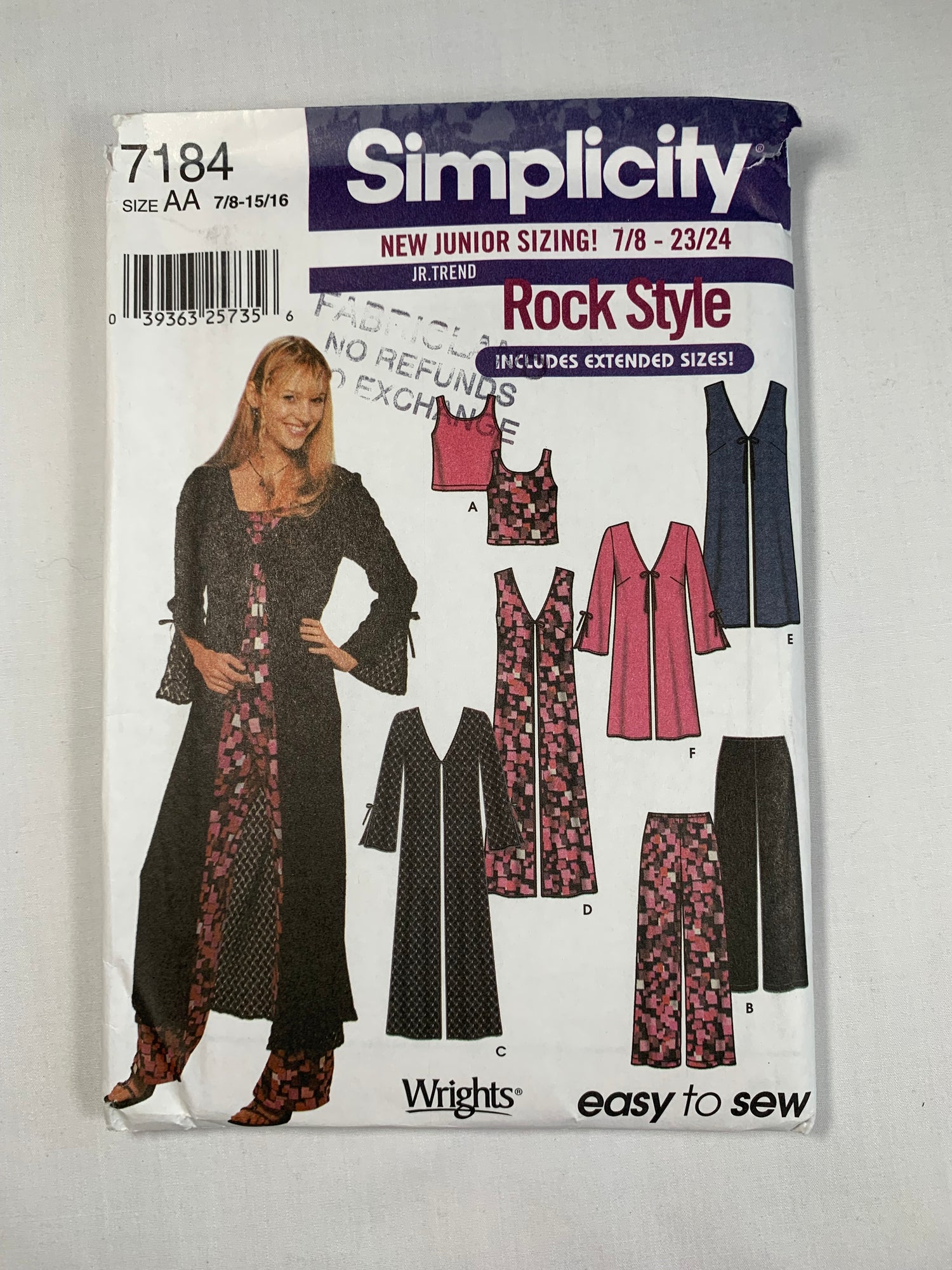 Simplicity Sewing Pattern 7184 Junior/Misses' Coat, Vest, Two Lengths, Knit Top, Pants, Size 7-16, Uncut, 2002