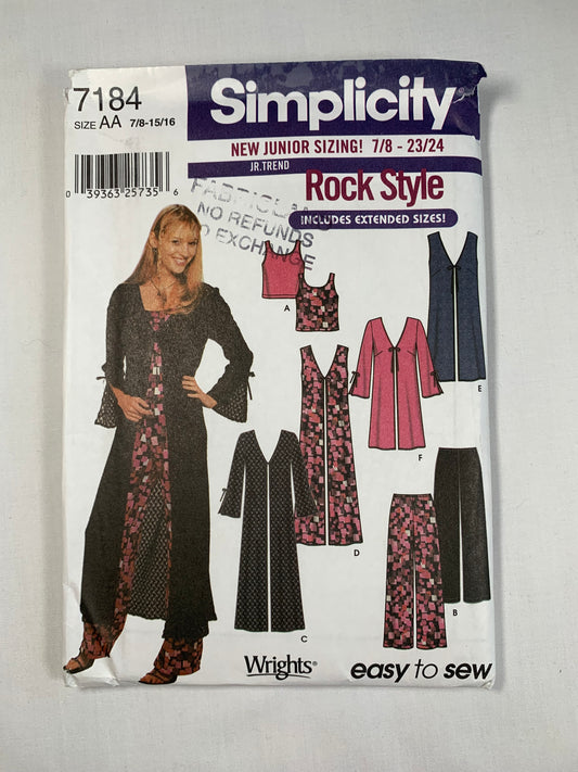 Simplicity Sewing Pattern 7184 Junior/Misses' Coat, Vest, Two Lengths, Knit Top, Pants, Size 7-16, Uncut, 2002