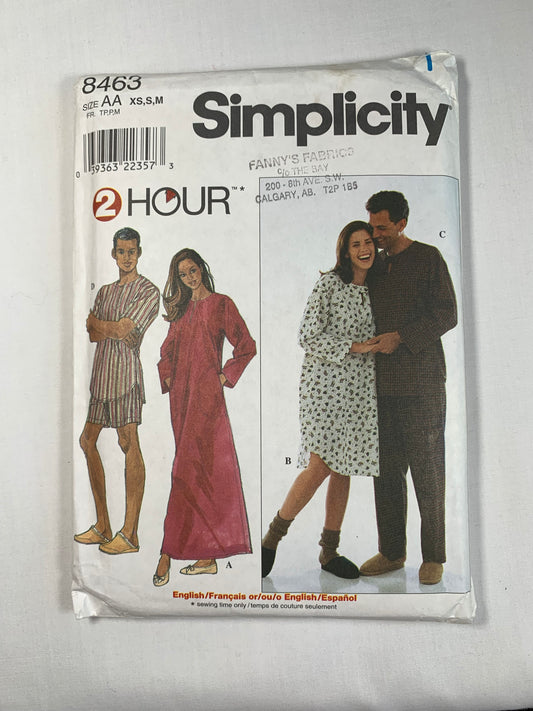 Simplicity Sewing Pattern 8463 Misses'/Men's/Teens'Sleepwear, Pants, Shorts, Caftans, Elastic Waist, Two Lengths, Pajamas, Size 30-40 Uncut, Vintage 1998