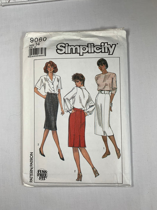 Simplicity Sewing Pattern 9060 Misses' Skirt, Zipper Back, Straight, Pleats, Two Lengths, Size 14, Uncut, Vintage 1989