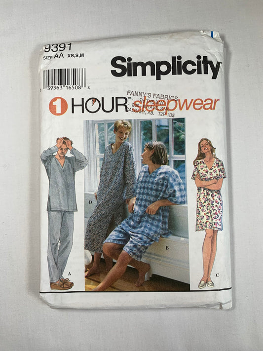 Simplicity Sewing Pattern 9391 Misses'/Men's/Teens' Pants, Shorts, Robe, Elastic Waist, Sleepwear, Pajamas, Size 40-62, Uncut, 2003