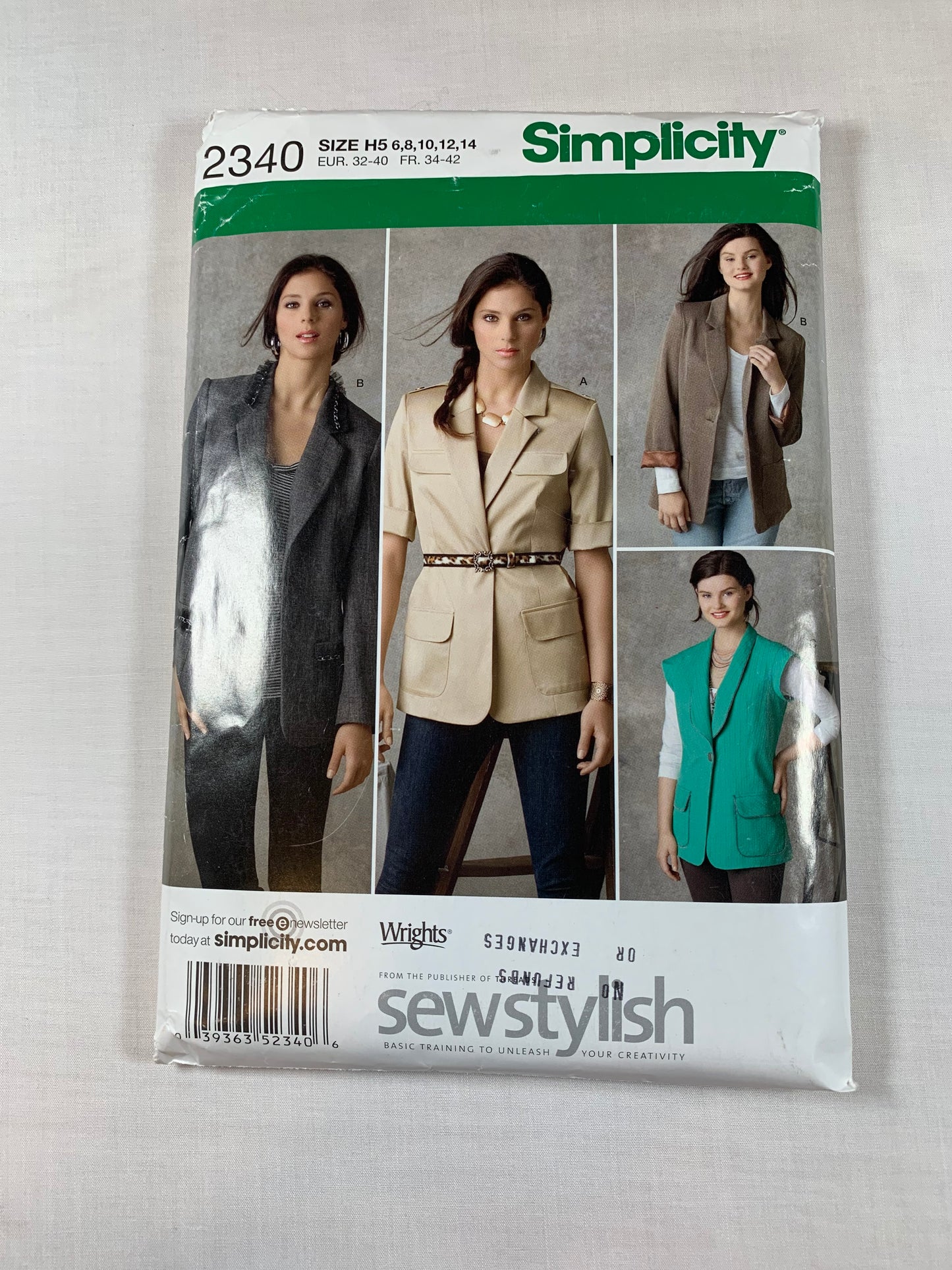 Simplicity Sewing Pattern 2340 Misses'/Misses' Petite Lined, Unlined Boyfriend Jackets, Long/Short Sleeves, Sleeveless, Button Front, Pockets, Collar, 3 Variations, Size 6-14, Uncut, 2010