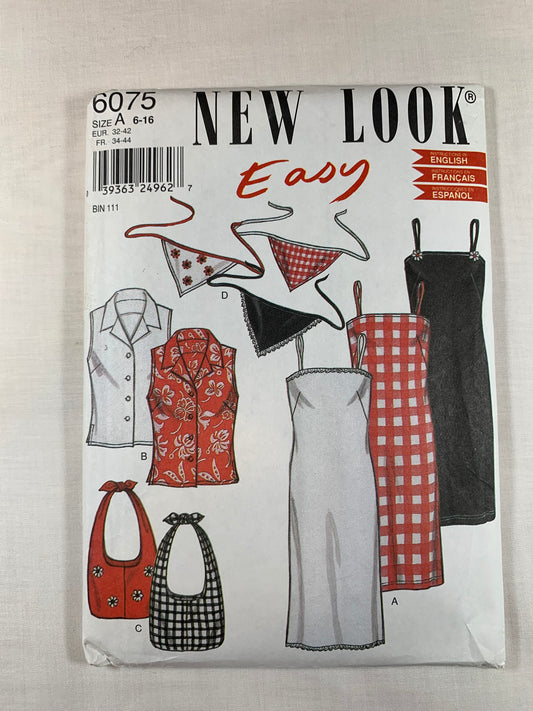 Simplicity New Look Sewing Pattern 6075 Misses' Dress, Top, Scarf, Bag, Purse, Sleeveless, Shoulder Straps, Size 6-16, Uncut, 2006