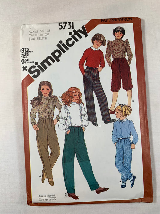 Simplicity Sewing Pattern 5731 Girls' Pants. Zipper Front, Pleats, Pockets, Knickers, Snapped Side Seam, Size 7, Uncut, Vintage 1982