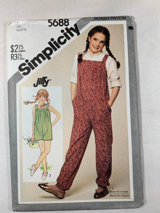 Simplicity Jiffy Sewing Pattern 5688 Girls' Jumpsuit, Pull-On, Two Lengths, 2 Variations, Easy-Fitting, Pockets, Size 7, Uncut, Vintage 1982