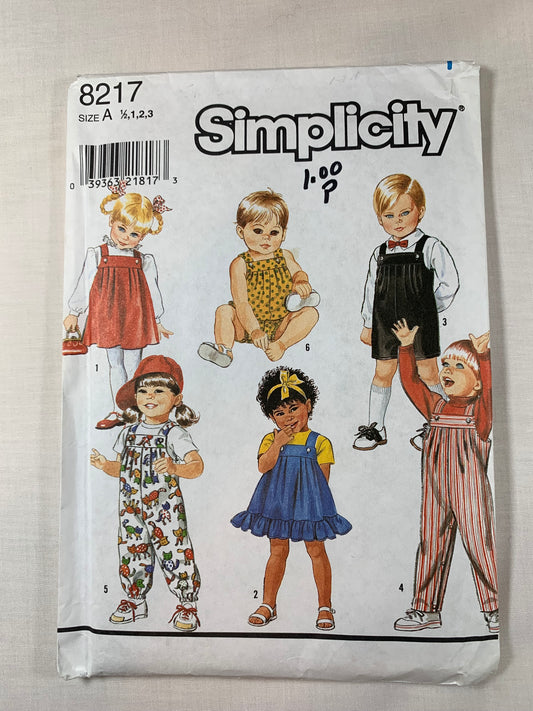 Simplicity Sewing Pattern 8217 Toddlers' Overalls, Two Lengths, Sundress, Jumper, Bubble Suit, Pleats, Snap Crotch, Uncut, Vintage 1996