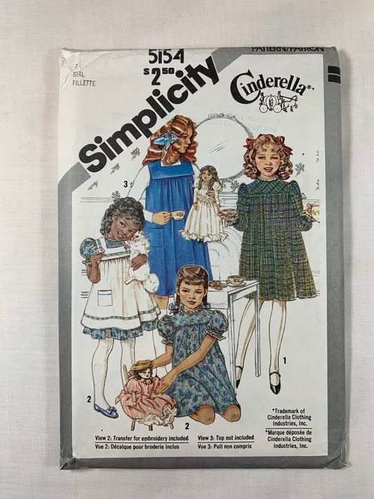 Simplicity Sewing Pattern 5154 Girls' Dress, Pinafore, Jumper, Gathered, Button Back, Ruffles, Size 7, Uncut, Vintage 1981