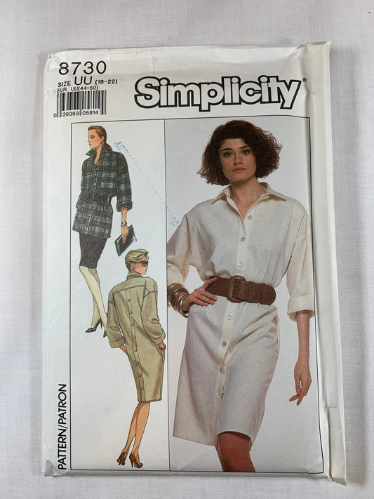 Simplicity Sewing Pattern 8730 Misses' Dress, Tunic, Skirt, Button Front, Collar, Pockets, Elastic Waist, Long Sleeves, Size 16-20, Uncut, Vintage 1988
