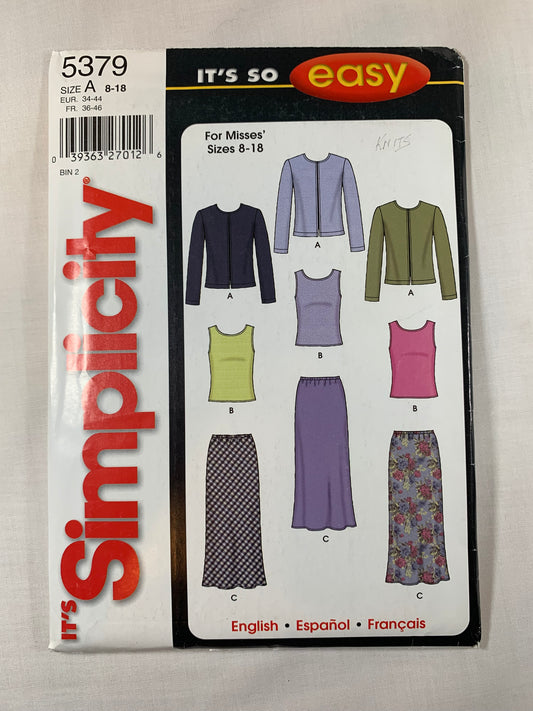 Simplicity Sewing Pattern 5379 Misses' Cardigan, Top, Skirt, Stretch Knits Only, Sleeveless, Long Sleeves, Size 8-18, Uncut, 2003