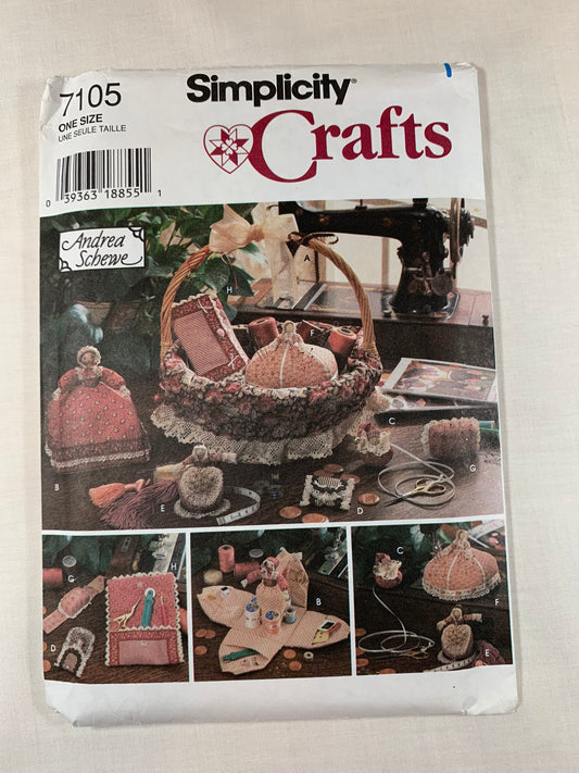 Simplicity Sewing Pattern 7105 Crafts, Sewing Accessories, Basket Cover, Doll, Scissor Ornament, Thimble Case, Wrist Pincushion, Uncut, Vintage 1996