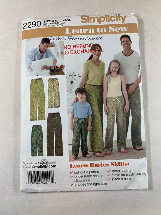 Simplicity Sewing Pattern 2290 Misses'/Men's/Teens/Child's Pants, Kids Size XS-L, Adult Size XS-XL, Uncut, 2010