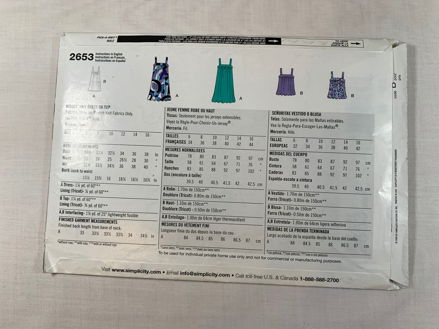 Simplicity Sewing Pattern 2653 Misses' Knit Dress, Top, Sleeveless, Shoulder Straps, Size 6-16 Uncut, 2009