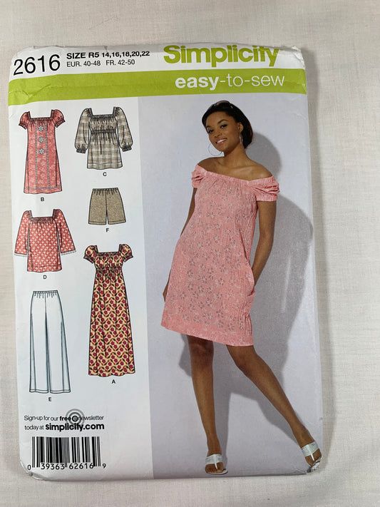 Simplicity Sewing Pattern 2616 Misses' Dress, Top, Pants, Shorts, Two Lengths, Long/Short Sleeves, Size 14-22, Uncut, 2009