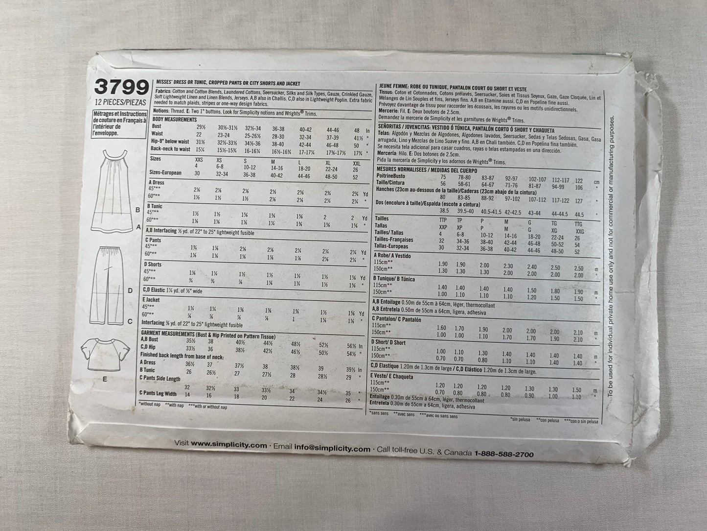 Simplicity Sewing Pattern 3799 Misses' Dress, Tunic, Cropped Pants, Shorts, Jacket, Size 14-26, Cut, 2007