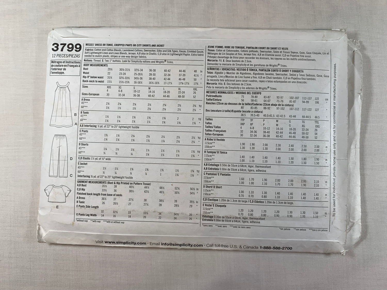 Simplicity Sewing Pattern 3799 Misses' Dress, Tunic, Cropped Pants, Shorts, Jacket, Size 14-26, Cut, 2007
