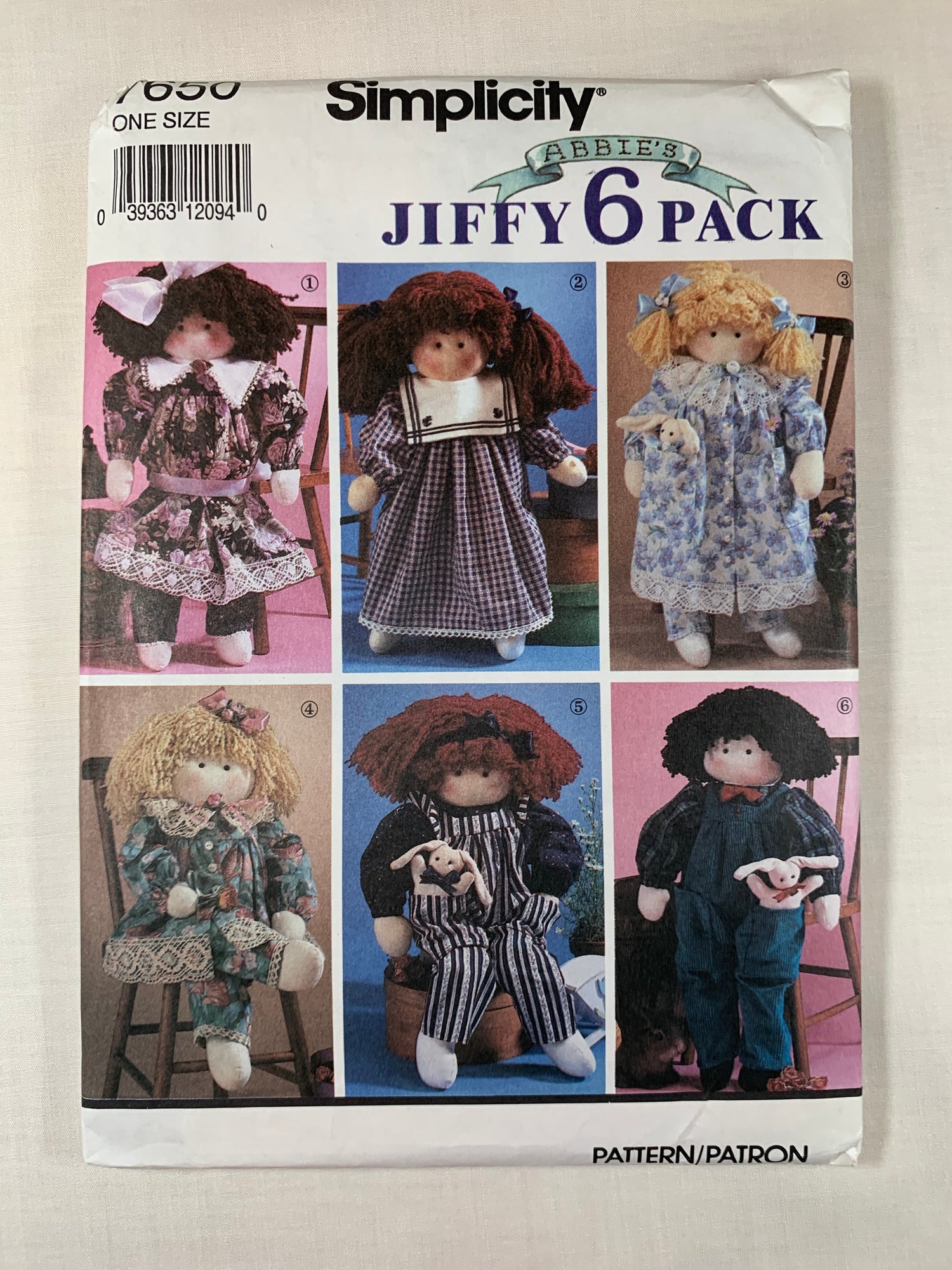 Simplicity Craft Sewing Pattern 7650 22" Stuffed Doll, Clothes, Dress, Pantaloons, Collar, Overalls, Pants, Uncut, Vintage 1991