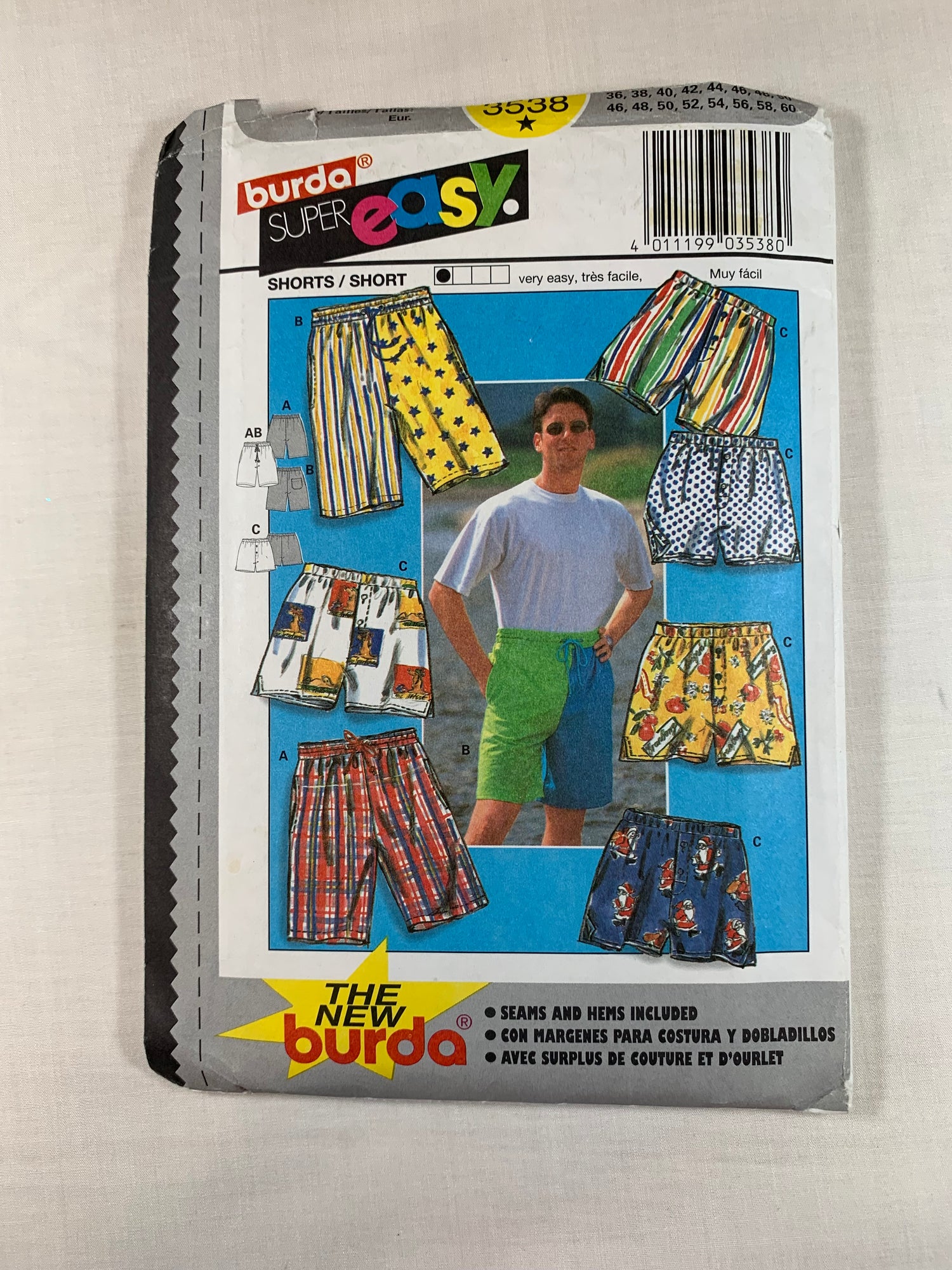 Burda Sewing Pattern 3538 Mens' Shorts, Semi-Fitted, 3 Variations, 3 Lengths, Pockets, Elastic Waist, Button Front, Drawstring, Size 36-50, Uncut, 2006