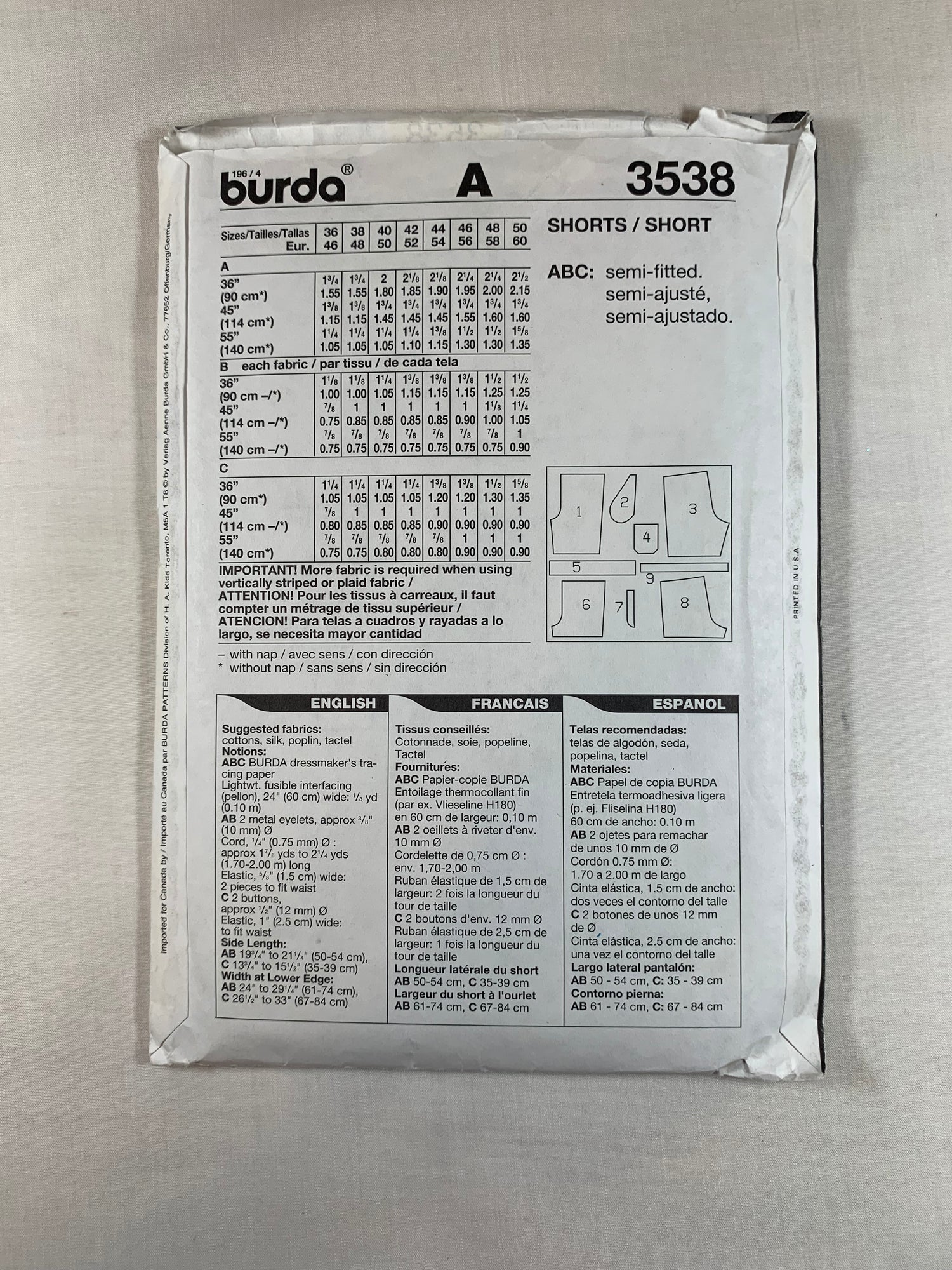 Burda Sewing Pattern 3538 Mens' Shorts, Semi-Fitted, 3 Variations, 3 Lengths, Pockets, Elastic Waist, Button Front, Drawstring, Size 36-50, Uncut, 2006