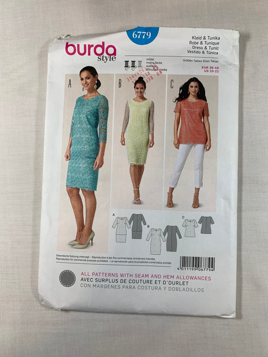 Burda Sewing Pattern 6779 Misses' Dress, Top, Tunic, Semi Fitted, Long/Short Sleeves, Size 10-22 Uncut, 2000