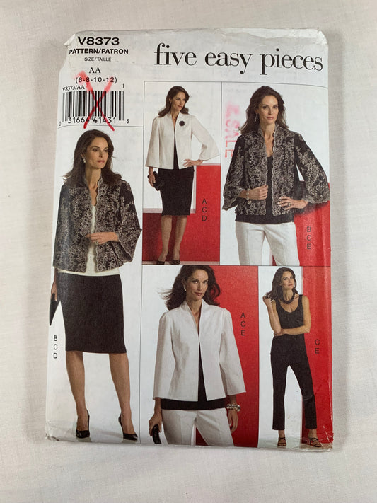 Vogue Sewing Pattern V8373 Misses' Jacket, Top, Skirt, Pants, Hip Length, Long Flared Sleeves, Shoulder Pads, Zipper Back, Sleeveless, Dress, Sleeveless, Size 6-12, Uncut, 2007
