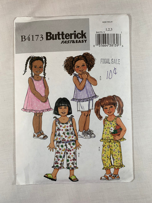 Butterick Sewing Pattern B4173 Girls' Top, Dress, Shorts, Pants, Shirt, Size 1-3, Uncut, 2004