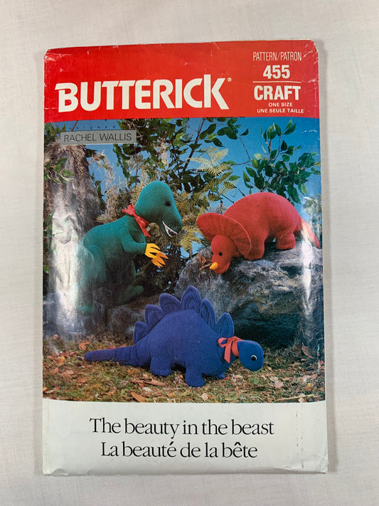 Butterick Sewing Pattern 455 Craft Dinosaur Stuffed Animals, Brontosaurus, Stegosaurus, Triceratops, Uncut, Vintage 1987