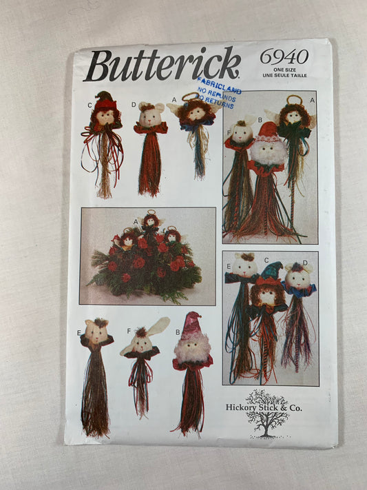 Butterick Sewing Pattern 6940 Craft Christmas Ornaments, Bear, Cat, Bunny, Angel, Elf, Santa, Centerpiece, Decorations, Uncut, Vintage 1993