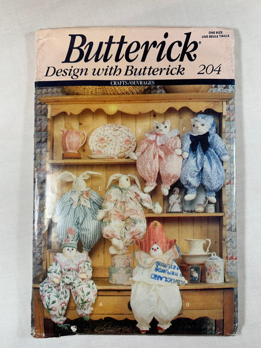 Butterick Sewing Pattern 204 Crafts Stuffed Animals, Bunny, Cat, Clowns, Rabbits, Clothes, Block Dolls, Uncut, Vintage 1992