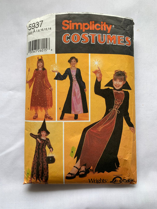 Simplicity Sewing Pattern 5937 Girls' Costume, Halloween, Devil, Vampire, Princess, Witch, Dress, Headband, Hat, Zipper Back, Size 7-10, Cut, Vintage 1989