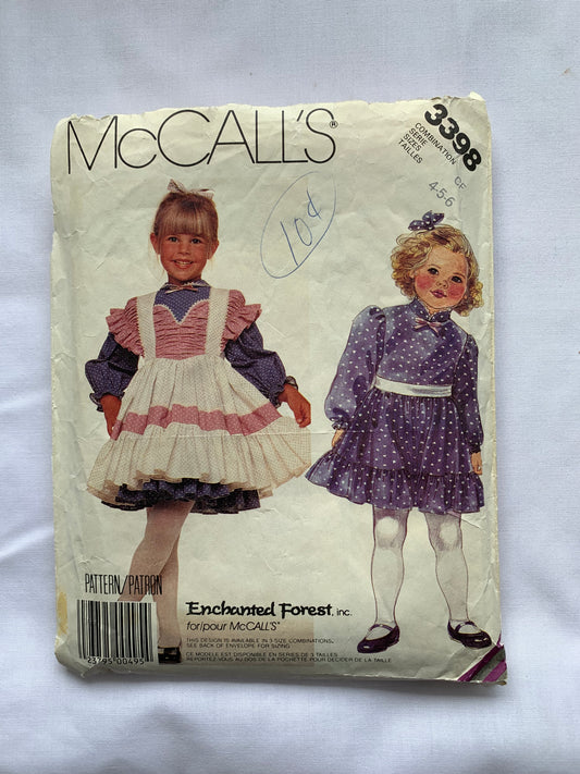 McCall's Sewing Pattern 3398 Girls' Dress, Pinafore, Long/Short Sleeves, Button Back, Ruffles, Collar, 2 Variations, Size 4-6, Cut, Vintage 1987