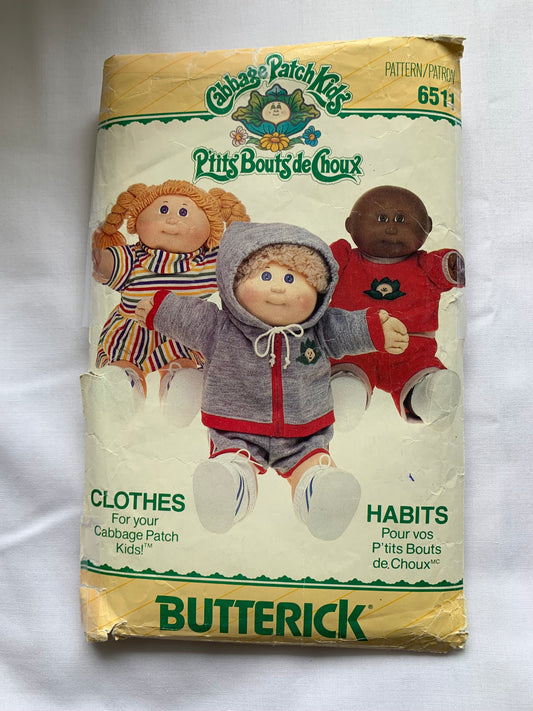 Butterick Sewing Pattern 6511 Cabbage Patch Doll Clothes, Hooded Jacket, Shorts, Pull-On, Zipper Front, Top, Pants, Dress, 16" Doll, Cut, Vintage 1986