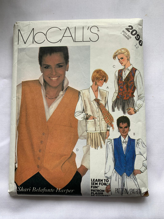 McCall's Sewing Pattern 2096 Misses' Vests, Button Front, Sleeveless, Darts, Tie Back, Loose-Fitting, Pockets, Size 12, Cut, Vintage 1985