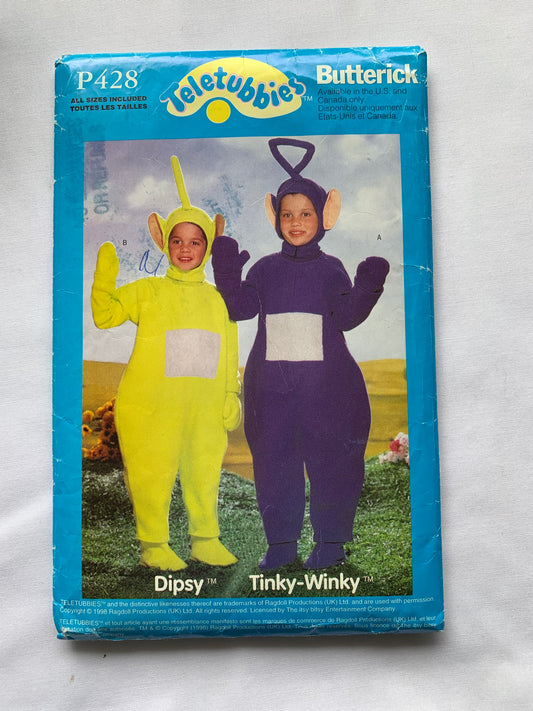 Butterick Sewing Pattern P428 Children's/Girls'/Boys' Teletubbies , Dipsy, Tinky-Winky, Loose-Fitting, Jumpsuit, Hood, Mittens, Boots, Antenna. Long Sleeves, Size 2, Cut, Vintage 1998