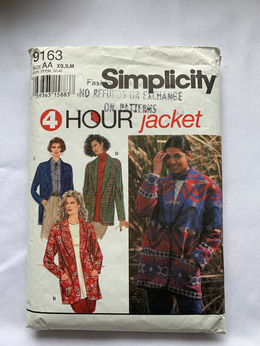 Simplicity Sewing Pattern 9163 Misses' Jackets, Relaxed Fit, Shawl Collar, Pockets, Long Sleeves, Size 6-12, Cut, Vintage 1996