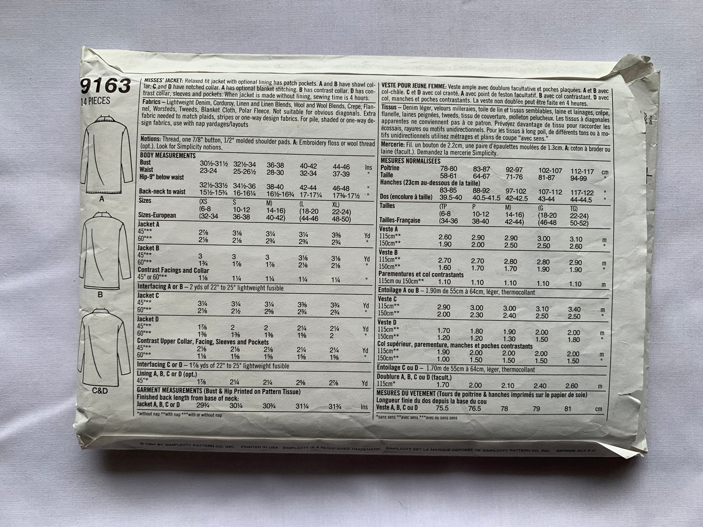 Simplicity Sewing Pattern 9163 Misses' Jackets, Relaxed Fit, Shawl Collar, Pockets, Long Sleeves, Size 6-12, Cut, Vintage 1996