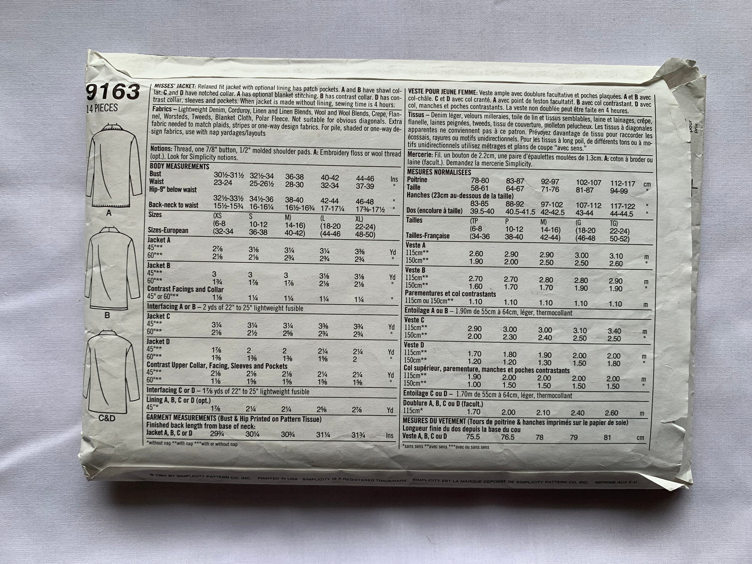 Simplicity Sewing Pattern 9163 Misses' Jackets, Relaxed Fit, Shawl Collar, Pockets, Long Sleeves, Size 6-12, Cut, Vintage 1996