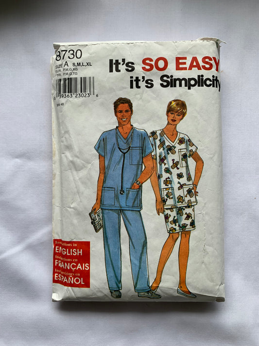 Simplicity Sewing Pattern 8730 Misses'/Men's/Teens' Medical Scrubs, Hospital Top, Pants, Skirt, Short Sleeves, Pockets, Elastic Waist, Pull-On, Size 34-48, Cut, Vintage 1999