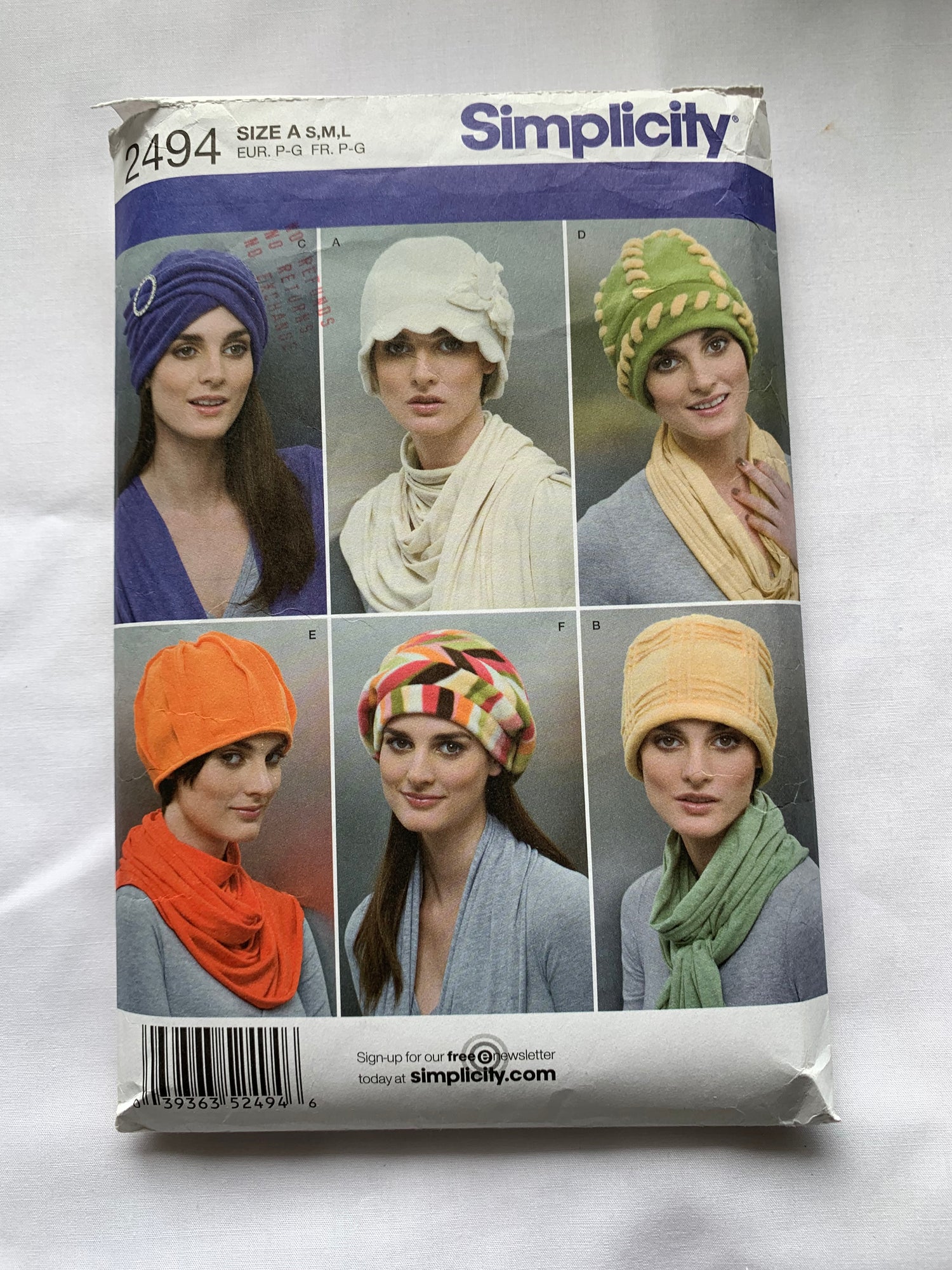 Simplicity Sewing Pattern 2494 Misses'/Teens Fleece Hats, Sizes S(21"), M (22"), L (23"), 6 Variations, Uncut, Vintage 1999