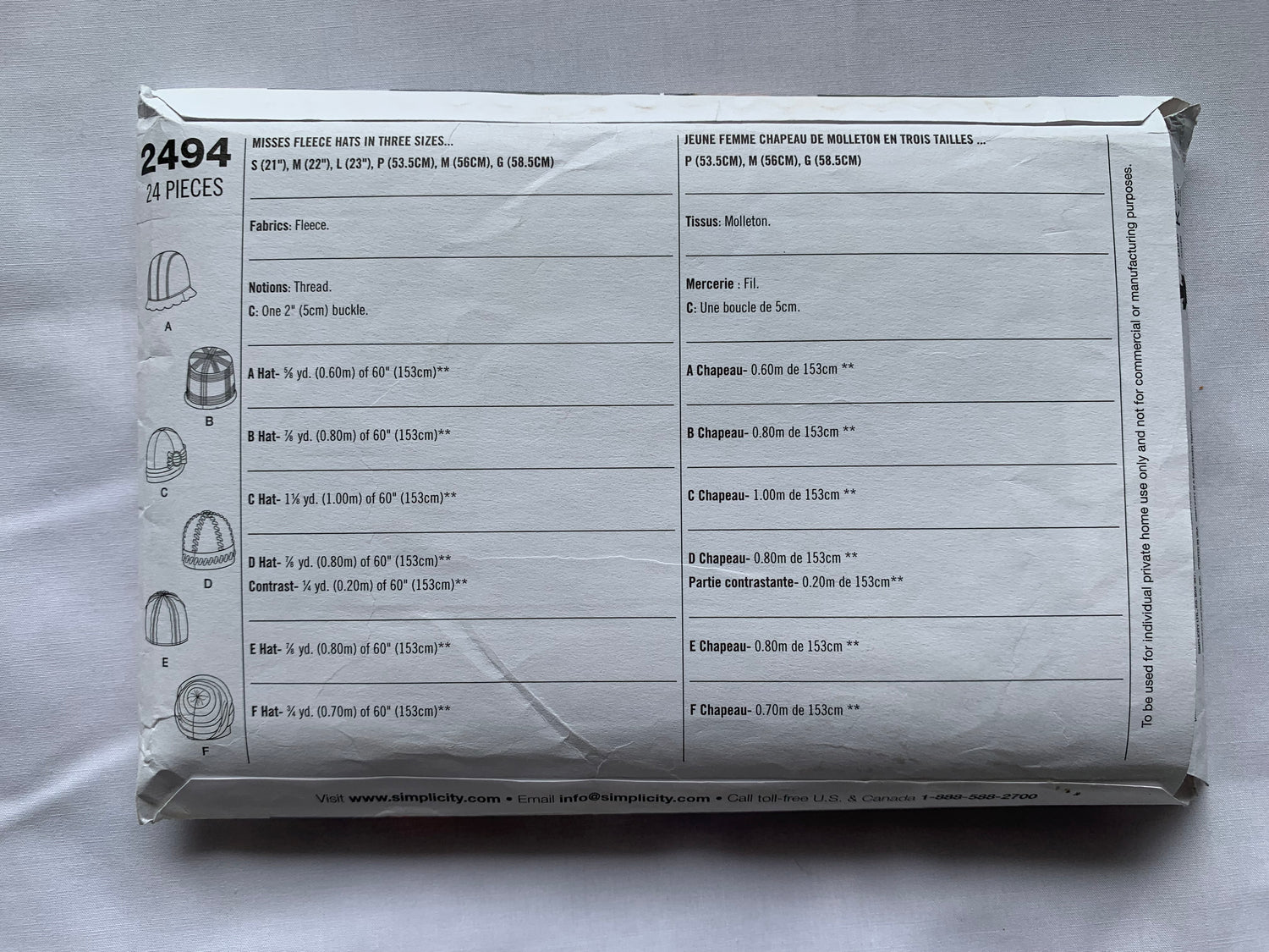 Simplicity Sewing Pattern 2494 Misses'/Teens Fleece Hats, Sizes S(21"), M (22"), L (23"), 6 Variations, Uncut, Vintage 1999