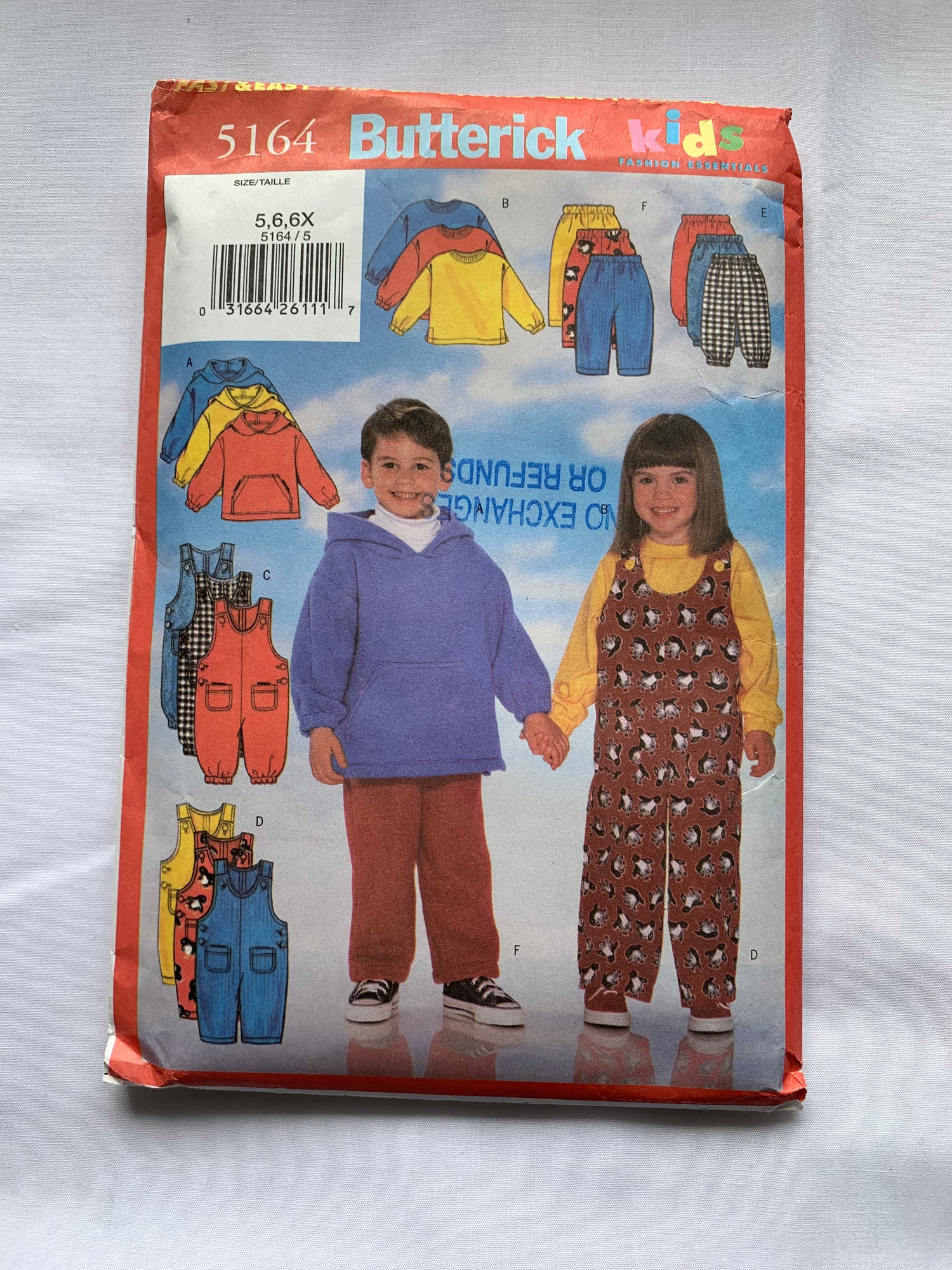 Butterick Sewing Pattern 5164 Girls'/Boys' Jacket, Pants, Overalls, Shoulder Straps, Pockets, Long Sleeves, Sleeveless, Size 5-6, Cut, 2001
