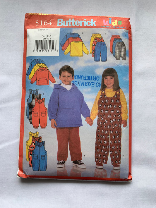 Butterick Sewing Pattern 5164 Girls'/Boys' Jacket, Pants, Overalls, Shoulder Straps, Pockets, Long Sleeves, Sleeveless, Size 5-6, Cut, 2001