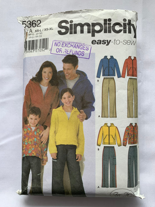 Simplicity Sewing Pattern 5362 Misses'/Men's/Boys'/Girls' Hooded Sweatshirt, Pants, Zipper Front, Pull-On, Adut Size 30-36 Chest, Child Size 23-32 Chest, Cut, Vintage 1991