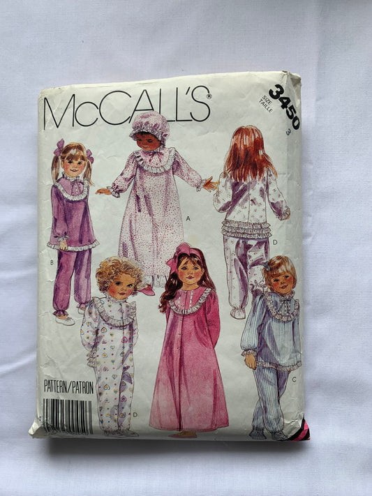 McCalls Sewing Pattern 3450 Girls' Nightgown, Button Front, Elastic Waist, Nightshirt, Bonnet, Pants, Tops, Robe, Soles, Sleepwear, Long Sleeves, Size 3, Cut, Vintage 1987