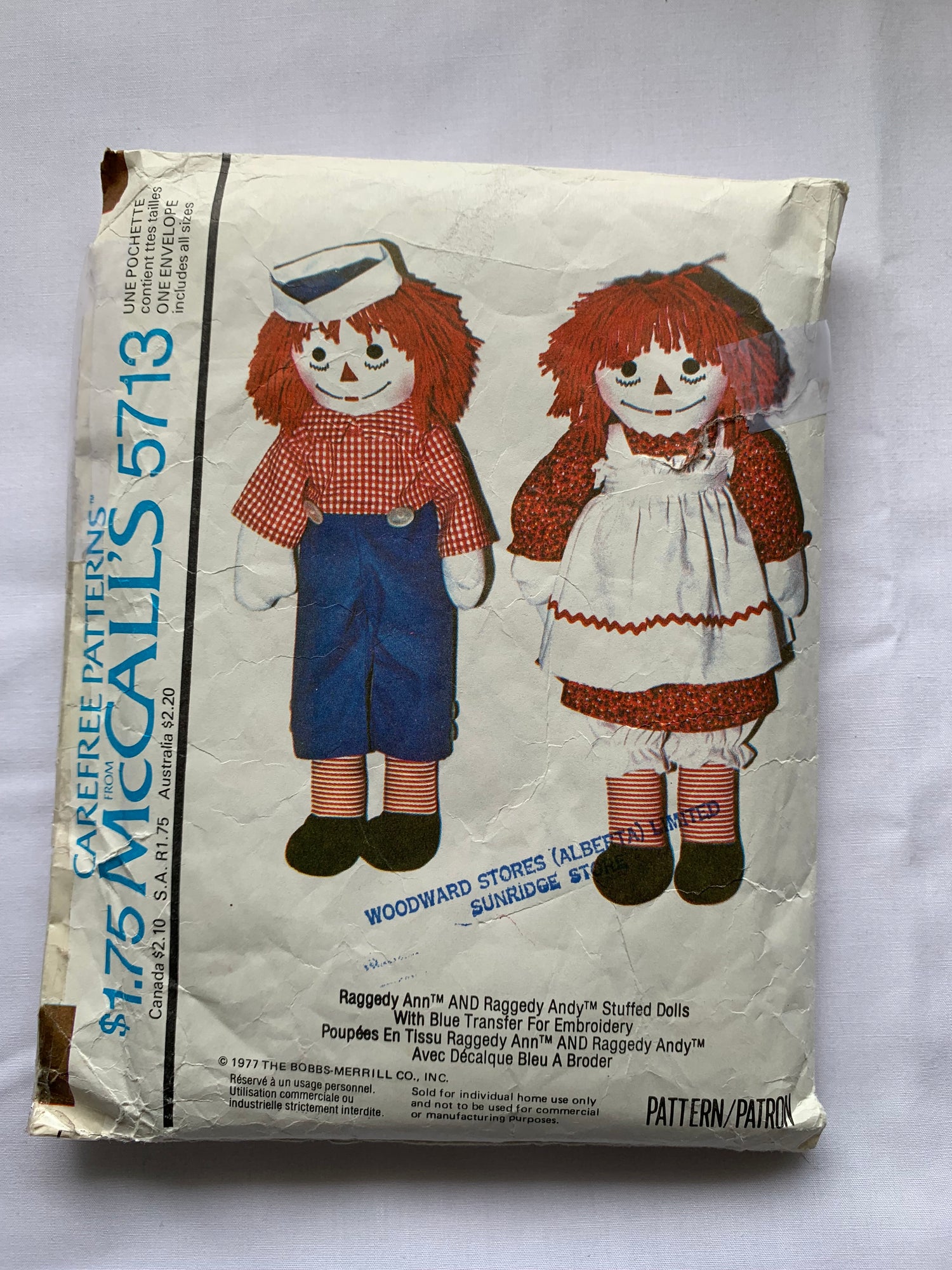 McCall's Sewing Pattern 5713 10-25 Inch Raggedy Ann, Andy Stuffed Dolls, Wardrobe, Dress, Apron, Panties, Pants, Cap Crown, Shirt, Uncut, Vintage 1995