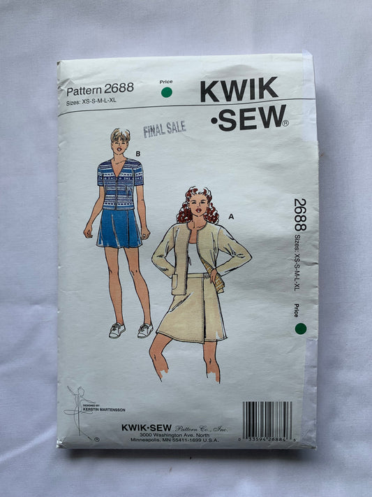 KWIK Sewing Pattern 2688 Misses' Skorts, Jackets, Zipper Front, Long/Short Sleeves, Elastic Waist, Stretch Knits Only, Size 31-41, Cut, Vintage 1998
