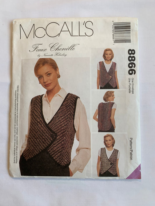 McCall's Sewing Pattern 8866 Misses' Faux Chenille Vest, Loose-Fitting, Button Front, Sleeveless, Size 8-18, Cut, Vintage 1997