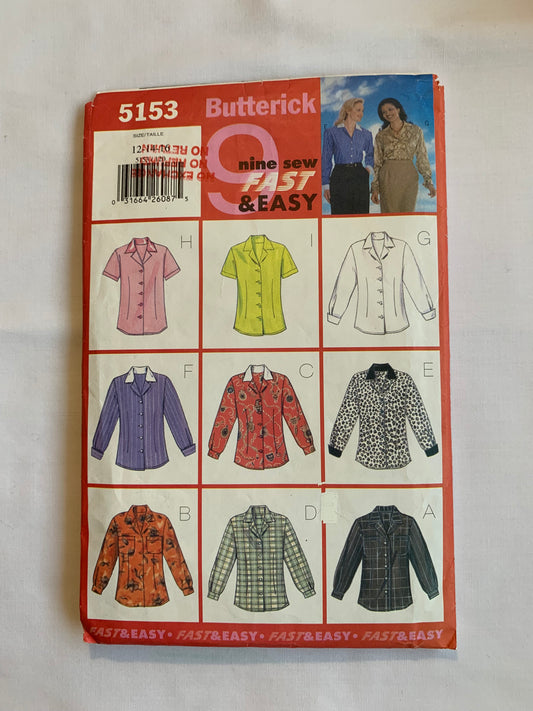 Butterick Sewing Pattern 5153 Misses' Blouses, Shirts, Button Front, 9 Variations, Long/Short Sleeves, Pockets, Collar, Size 12-16, Cut, Vintage 1997