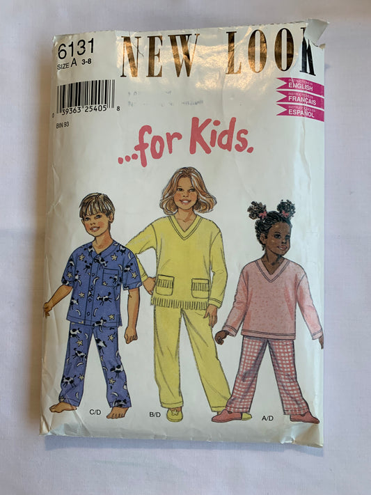 Simplicity New Look 6131 Boys'/Girls' Pajamas, Tops, Pants, Pockets, Button Front, Loungewear, Size 3-8, Cut, 2001