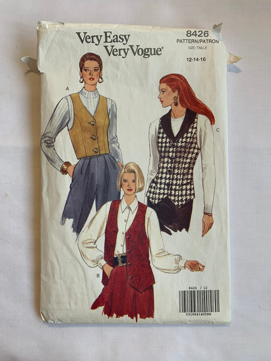 Vogue Sewing Pattern 8426 Misses'/Misses' Petite Vest, Semi-Fitted, Princess Seams, Sleeveless, Pockets, Button Front, 3 Variations, Cut, Size 12-16, Vintage 1992