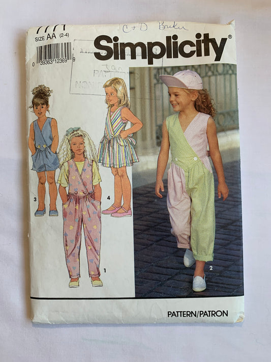 Simplicity Sewing Pattern 7771 Girls' Jumpsuit, Jumpers, Two Lengths, Pockets, Tie Back, Size 2-4, Cut, Vintage 1992